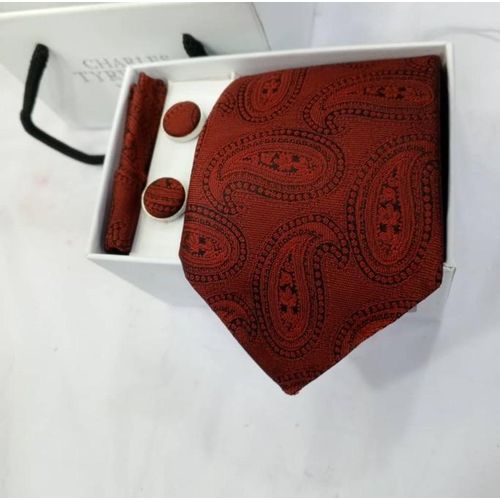 1 Set Beautiful Men Long Wine Colour Patterned Tie + Pocket Square + Cufflinks - Unique Gift Set