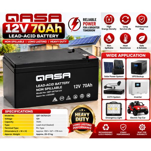 QASA 12V 70Ah MAX ENERGY – Professional-Grade Lead-Acid Battery for Long-Lasting Backup Performance