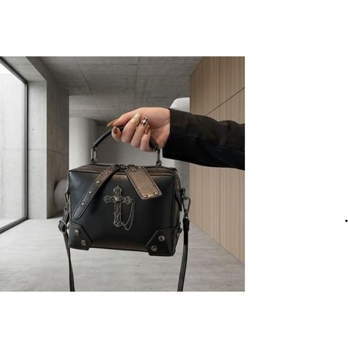 Luxury Gothic Cross Mini Handbag for Women Stylish Black Leather Crossbody Shoulder Bag, Korean Fashi*n Designer Purse for Casual, Party & Evening Outfits Trendy Black Leather Shoulder Purse, Cross Pendant Handbag, Stylish Casual Crossbody Bag