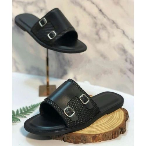 Realwon Classic Black Leather Male Slippers