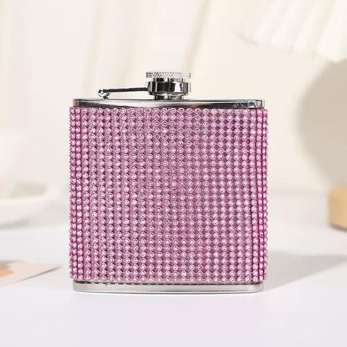 Luxury Pink Rhinestone Stainless Steel Hip Flask – 6oz Portable Alcohol Flask