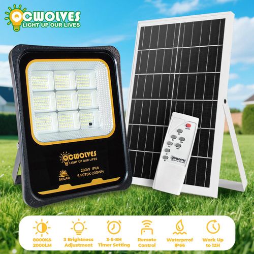 LED Solar Light Outdoor with Light Sensor, 200W Rechargeable Flood Light Security Light w/ Remote Control, 3 Timer Settings, Brightness Adjustable,IP66 Waterproof Outside Daylight Wall Light w/ 3M Cable for Garage Garden Hallway Backyard
