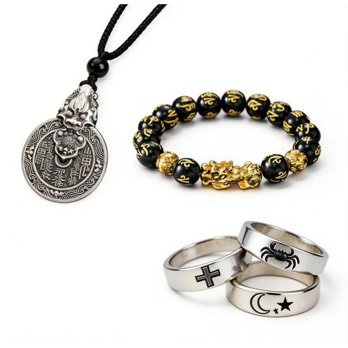 5-Piece Men's Lucky Jewelry Set: Vintage Guardian Necklace + Pi Xiu Obsidian Bracelet + 3 Symbol Rings (Cross, Spider, Moon & Star)