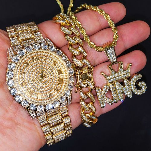 Sophisticated Classic Stone Studded Wrist Watch + Studded Free Armlet & Neck Set For Men