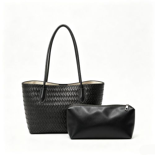 Woven PU Leather Tote Bag with Matching Pouch – 2-in-1 Black Shoulder Handbag