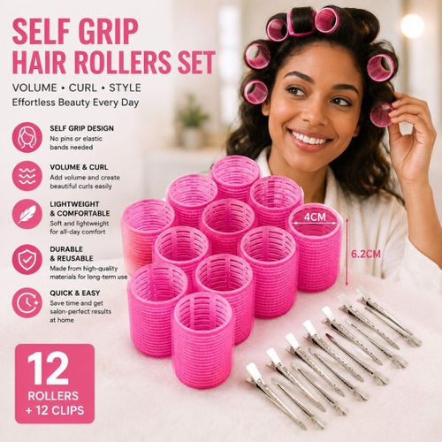 12PCS Self-Grip Hair Rollers with Metal Clips, 4cm Diameter Hair Curlers for Bangs, Volume & Daily Styling, Pink