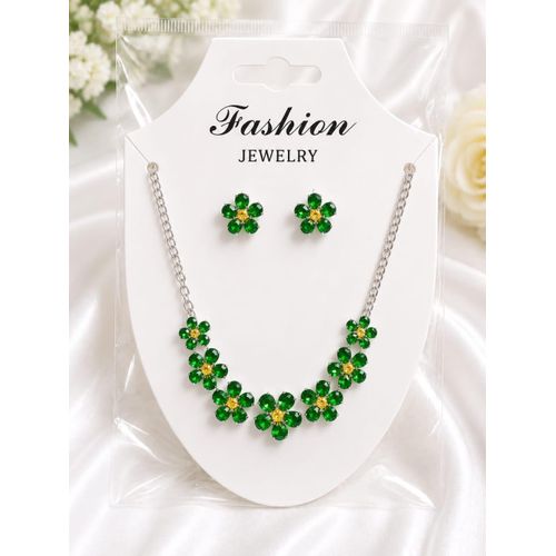 Emerald Green Zircon Flower Necklace and Earrings Set