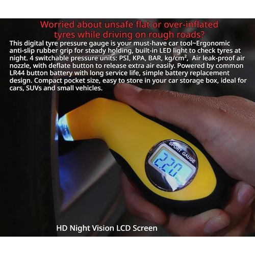Yellow Digital Tyre Pressure Gauge with LED Light, Portable Tire Check Meter for Car SUV Mini Vehicle Daily Tire Inspection