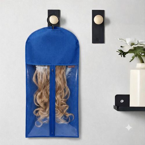 Portable Wig Storage Bag with Hanger & Transparent Zipper Window – Dustproof Wig Organizer (Blue)