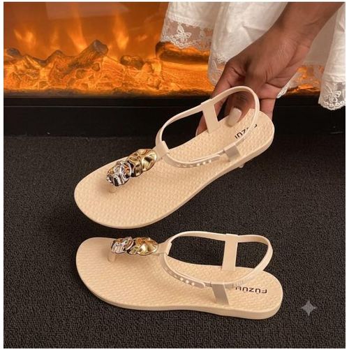 Women's Luxury Flat Rubber Sandals With Gold & Silver Metal Detail.