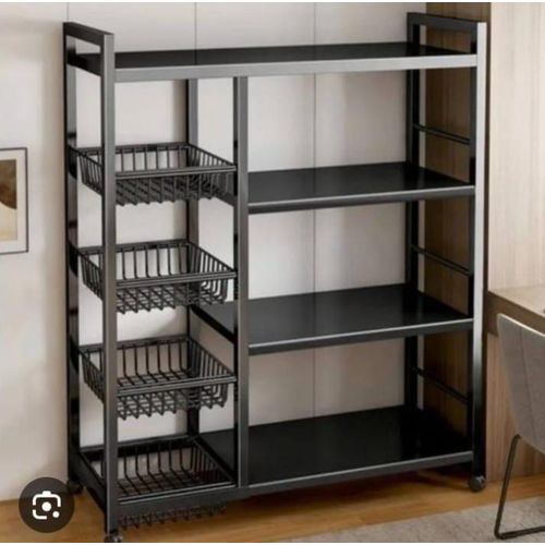 4-Tier Heavy Duty Kitchen Storage Rack With Wheels & Side Baskets ,Movable Microwave Stand, Appliance Organizer & Vegetable Shelf, Black