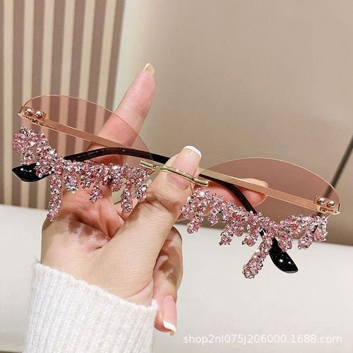Soft Pink Rhinestone Tear Shape Rimless Sunglasses