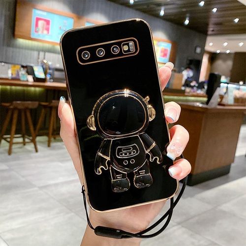 For Samsung Galaxy S10 Plus Back Cover with Lanyard + Cute Astronaut Folding Stand Luxury 6D Plating Square Bumper Shiny Soft Silicone Cases Full Protection Phone Case