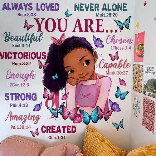 African Girl Inspirational Bible Quote Wall Sticker, Colorful Butterfly Self Adhesive Vinyl Wall Decal for Bedroom Home Decor