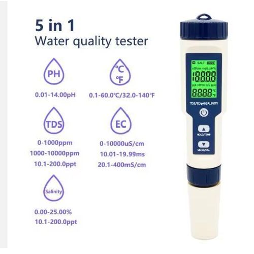 Big LCD Digital Ph Salinity Meter Professional 5 in 1 PH EC TDS Salinity Temp Tester Meter PH Metre