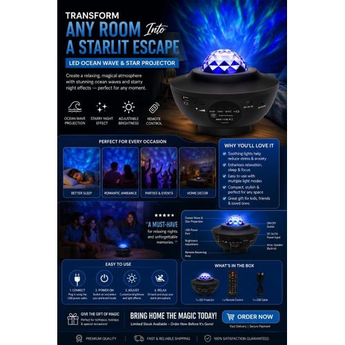 LED Ocean Wave & Star Projector – Adjustable Brightness, Remote Control, Ocean Wave & Starry Night Effects, USB Powered