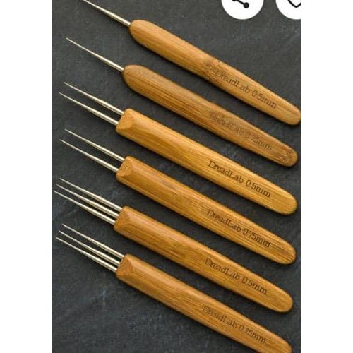 set of DreadLab crochet hooks featuring bamboo handles and metal needles with varying quantities of hooks.