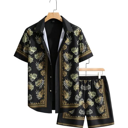 Men Summer Tropical Leaf Print 2 Piece Set Short Sleeve Button Shirt And Drawstring Shorts Casual Outfit
