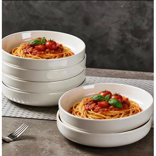 Textured Rim Ceramic Deep Plates 20.32 cm, 3 Pcs Commercial Grade White Soup & Pasta Bowls, Stackable, Microwave & Dishwasher Safe for Household and Restaurant Use