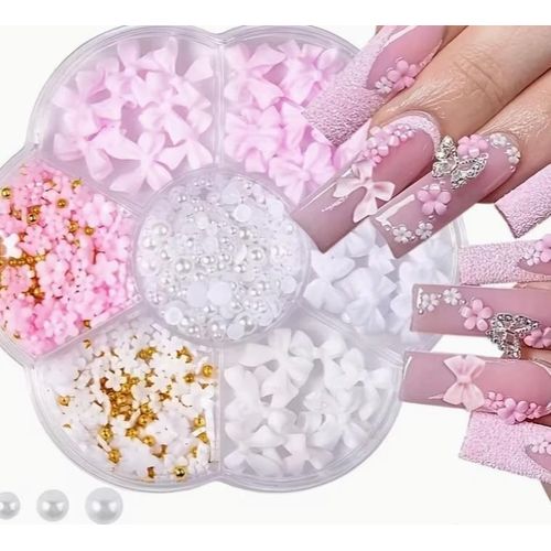 1 Box Pink White 3D Cute Flower And Bow Nail Charms