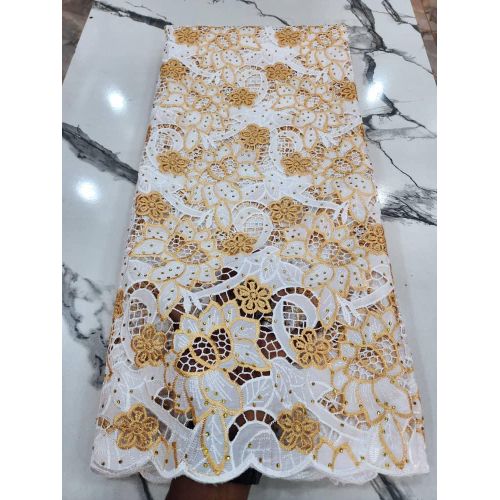 BEAUTIFUL SWISS VOILE COTTON DRY LACE FABRIC - GOLD & BROWN (5YARDS, NO GELE SCARF)