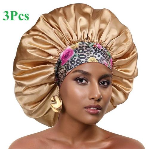 Premium 3-Piece Front Printed Satin Hair Bonnet Set for Women – Soft Sleep Caps for Hair Protection - Khaki