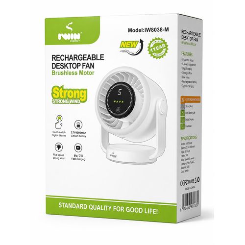 INNIN IW8038-M Rechargeable Desktop Fan - 5 Speed, 4000mAh Battery, Digital Display, USB Fast Charging - White