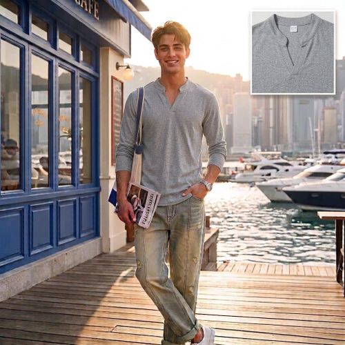 Men's Long Sleeve Notched V-Neck Shirt Casual Split Collar Pullover Curve Hem Textured Knit Basic Tee Top