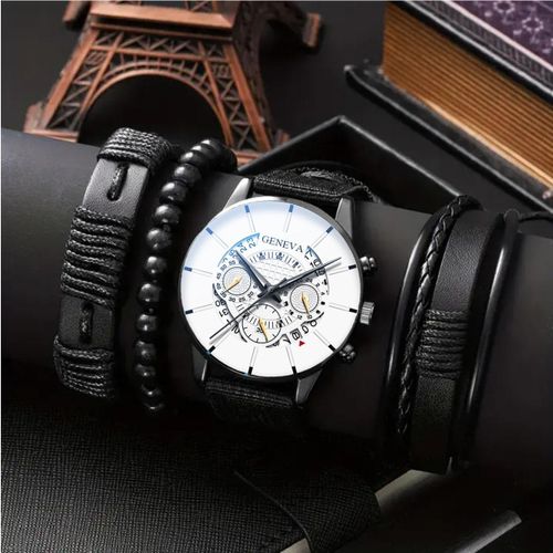 Fashion Trend Business Casual Men's Calendar Watch Hollow Dial Canvas Strap Bracelet Set Quartz Men's Watch
