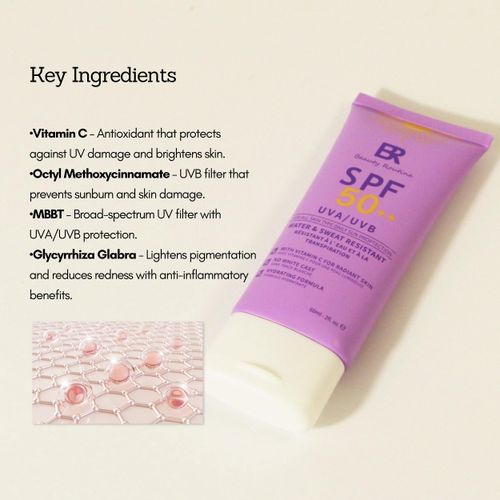 BEAUTY-ROUTINE SPF50 BRIGHTENING SUNSCREEN NO WHITE CAST WATER RESISTANT HYDRATING FORMULA 60ML.