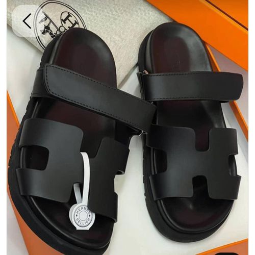Premium Black Leather Flat Sandals - Men's/Unisex Casual H-Cut Adjustable Slides