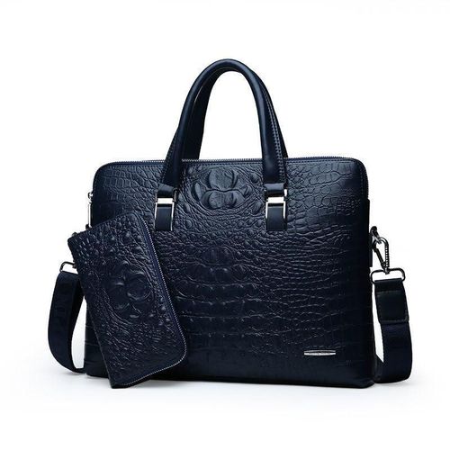 Navy Blue Crocodile Leather Laptop Bag For Men Office Briefcase Corporate Side Bag With Free Wallet
