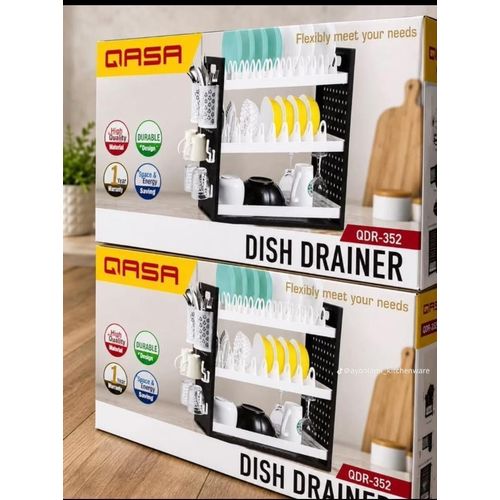 QDR-352 Two Tier Space Saving Dish Drainer with Cutlery Holder and Cup Hooks