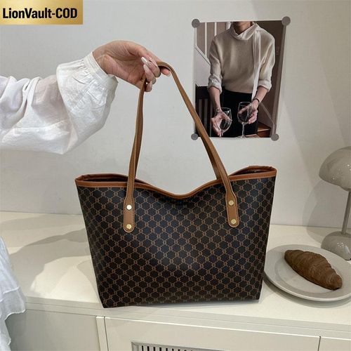 Womens Large Capacity Monogram Tote Bag - Classic Brown Shoulder Handbag for Work Daily Use