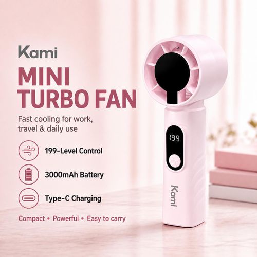 Rechargeable Handheld Mini Fan – Portable USB Cooling Fan with LED Display, 5 Speeds, 3000mAh Long-Lasting-Pink