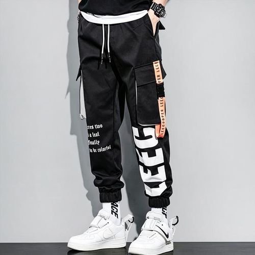 Men Black Letter Print Cargo Jogger Pants Multi Pockets Strap Decor Drawstring Waist Hip Hop Streetwear Trousers