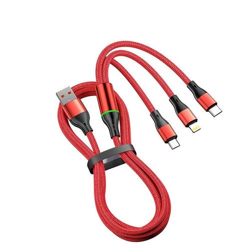 100W Illuminated Nylon Braided 3-in-1 Fast Charging Cable for Mobile Phones