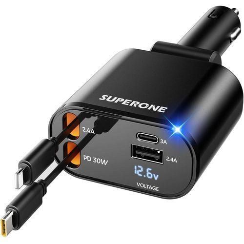 120W Retractable Fast Car Charger, 4 in 1 Mobile Charging Adapter with Dual USB Ports, USB-C & Lightning Cables, Compatible with iPhone & Type-C Android Devices, Multi-Device Charger(13.5 inches cable)
