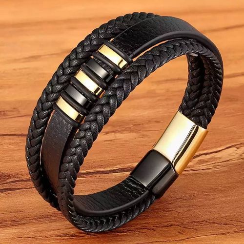 Exotic Men Unisex Leather 3 Layer Bracelet-Black