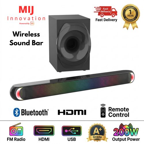 (MIJ) 2.1 Wireless Soundbar 200W – 8 inch Wooden Subwoofer, Bluetooth, USB/SD/AUX/Optical/HDMI/Coaxial, Remote & LED Display, 1 year warranty