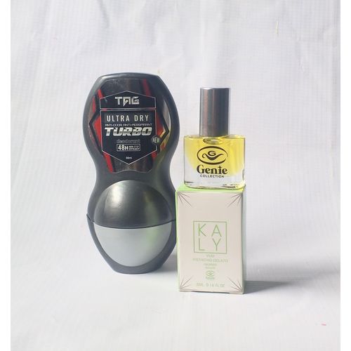 Perfume Combo 2 in 1 of Deodorant Tag Roll On Black 50ml and Kaly Green Pistachio Celato Oil Perfume 5ml (Unisex Daily Comfort), NAFDAC Number: Roll On: A2-105054, EDP: A2-103596
