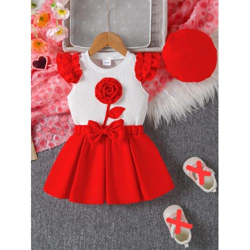 Baby Girl Clothes Short Sleeve Bodysuit +skirts+headband-red