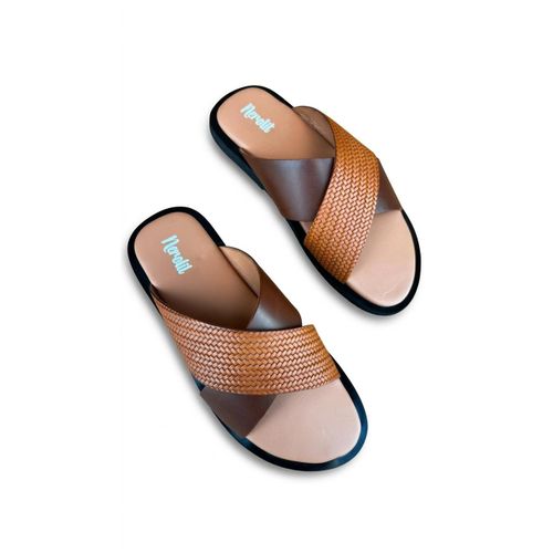 Men’s Two-Tone Cross-Strap Leather & Woven Slide Sandals – Brown
