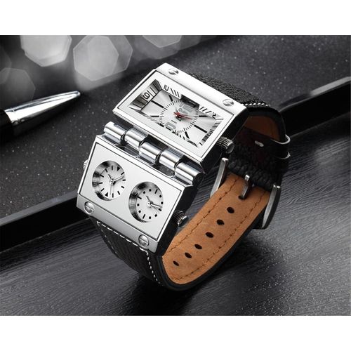 Extremely Sophisticated & Superior Quality Animal Skin Multiple Time Zones Black Leather Wristwatch