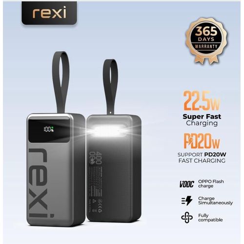 Rexi 40000mAh Digital percentage Display Power Bank PD 22.5W + LED Flash