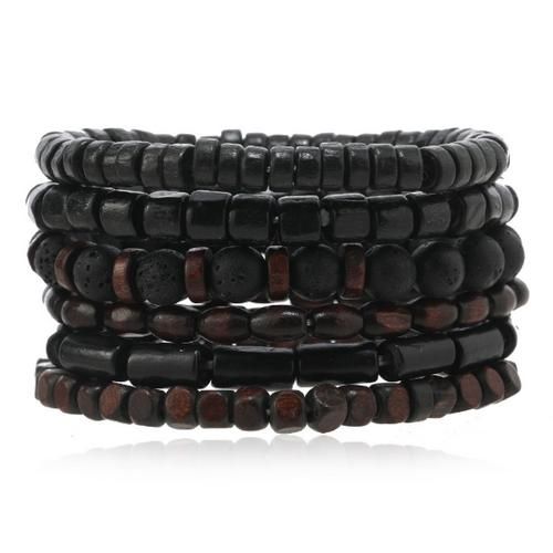 6-In-1 Men's Vintage Wooden Beads Bracelet Set - Black Multi-Layer Elastic Volcanic Lava Stone Wristband Luxury Jewelry