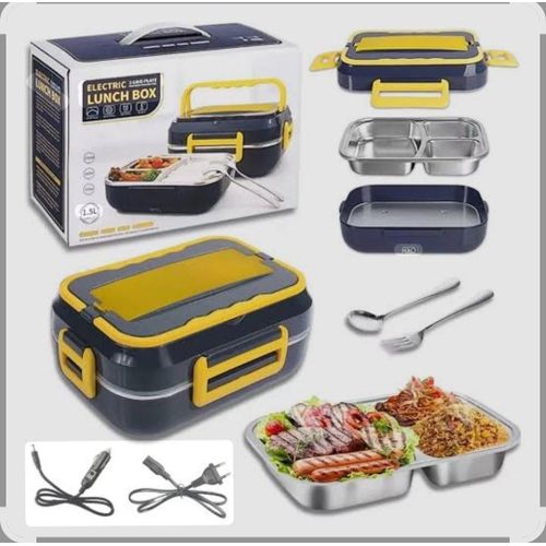 3-Compartment Electric Heated Lunch Box Food Warmer With Stainless Steel Tray & Cutlery Set Includes car plug-in cable and normal cable