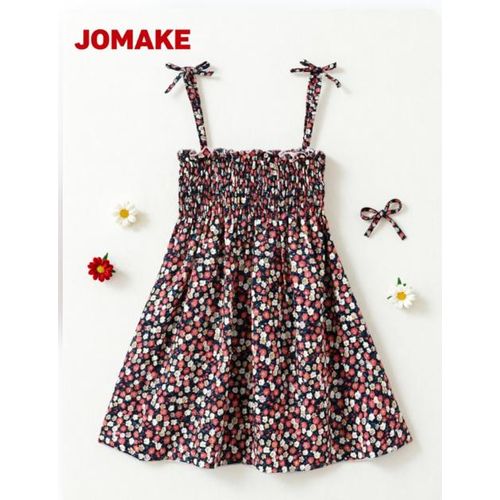 1-7 Years Girls' Strappy Dress，Black-and-white floral print