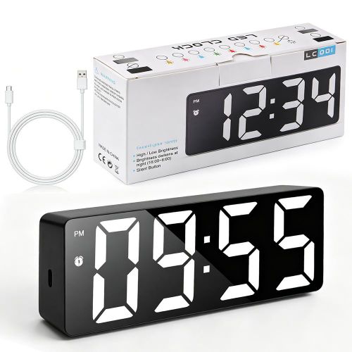 LED Digital Alarm Clock, Large Mirror Display Desk Clock, Adjustable Brightness, USB Rechargeable & Battery Operated (Battery Not Included), for Bedroom Office Living Room