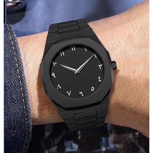Arabic Silver Dial Design Black Wrist Watch for Men